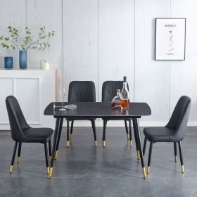 Table and chair set. Black sintered stone tabletop with black metal legs.black PU leather backrest and black metal leg chair. 1 table and 4 chairs F-0