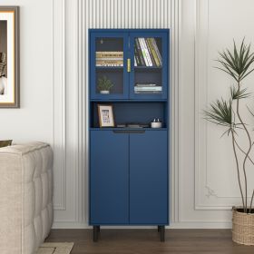 Tall Storage Bookcase with 2 Glass Display Door & 2 Doors, Tall Kitchen Pantry Cabinet with Gold Handles, Modern Cabinet Freestanding Living Room