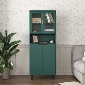 Tall Storage Bookcase with 2 Glass Display Door & 2 Doors, Tall Kitchen Pantry Cabinet with Gold Handles